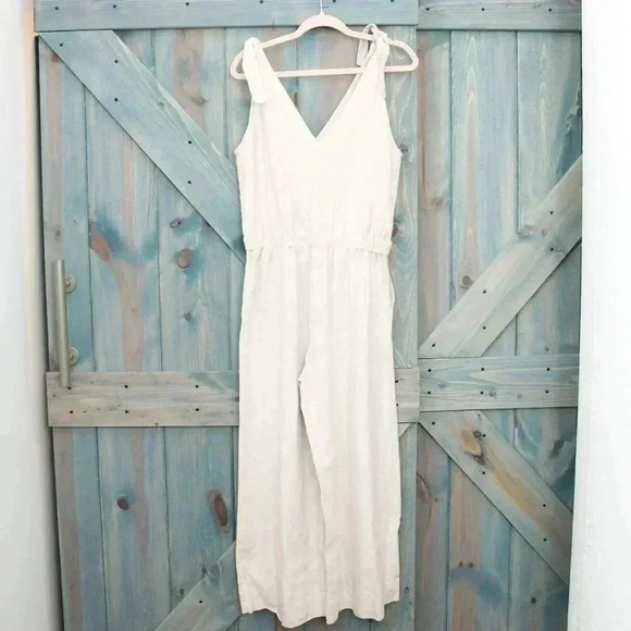 Khaki 100% Linen Cropped Jumpsuit Tan Romper 4OURDREAMERS Size Small - Picture 7 of 9